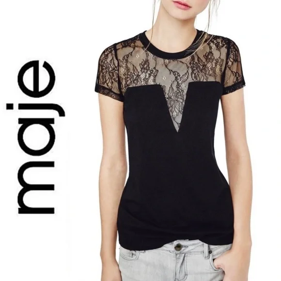 MAJE Paris Black Lace Inset Sheer Tee Shirt Top Short Sleeve Sexy 1 S Whimsigoth - Picture 1 of 12